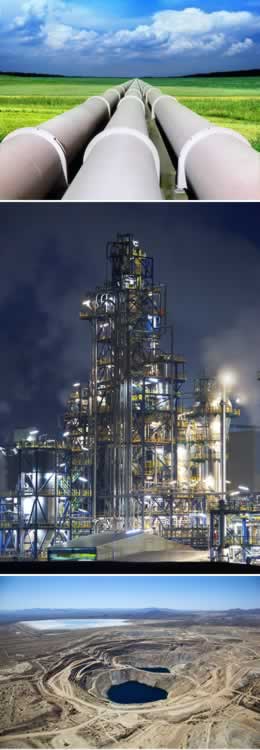 pipeline, refinery at night, open pit mining